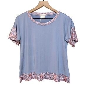 Ink + Ivy Womens Paisley Trim Short Sleeve Top Size S Blue Pink Round Neck NWT